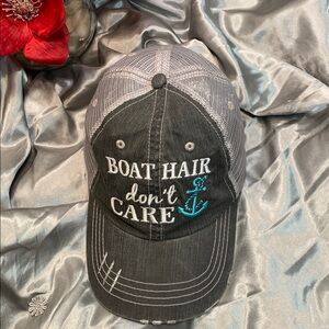 🌹Boat Hair Don't Care Embroidered Trucker Hat - Gray with Turquoise Anchor